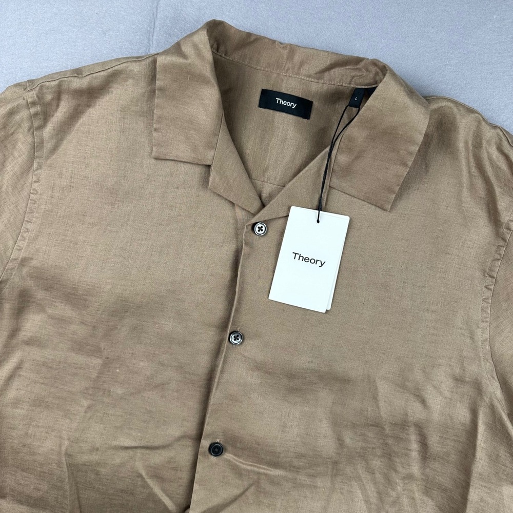 Theory Mens Daze Precise Linen 2 Short Sleeve Shirt Fossil Brown Q0173516 Large